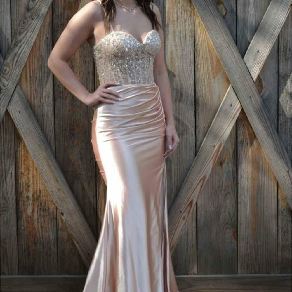 Champagne Gold Fitted Corset Gown Sheer Lace Top Train Glam Bombshell Curvy